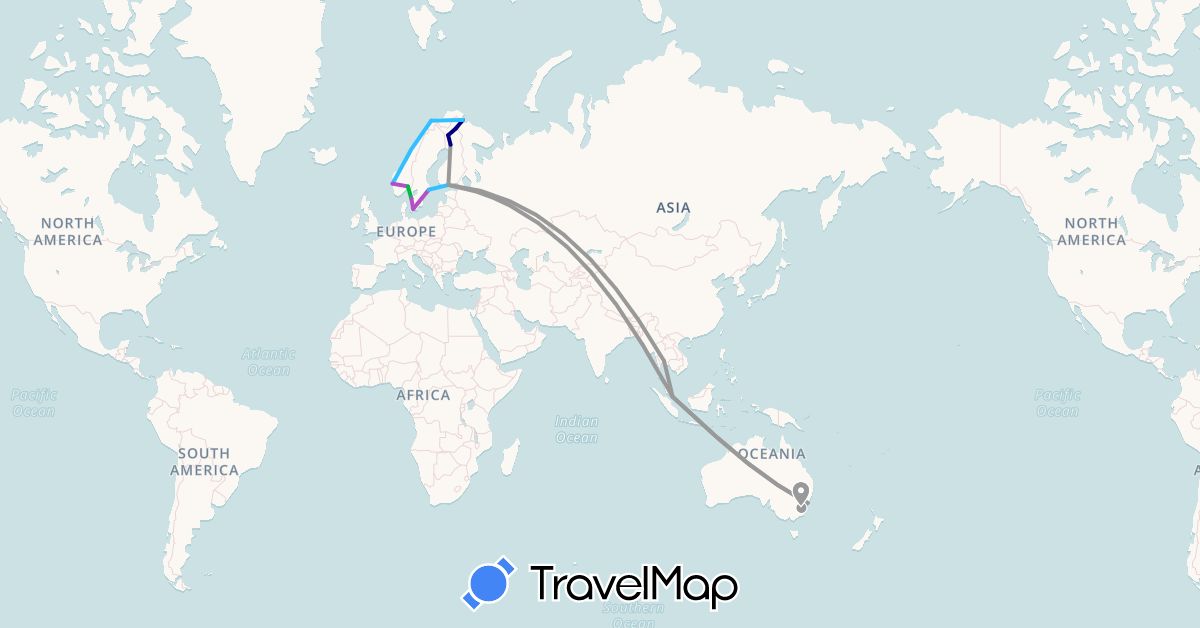 TravelMap itinerary: driving, bus, plane, train, boat in Australia, Denmark, Finland, Norway, Sweden, Singapore, Thailand (Asia, Europe, Oceania)